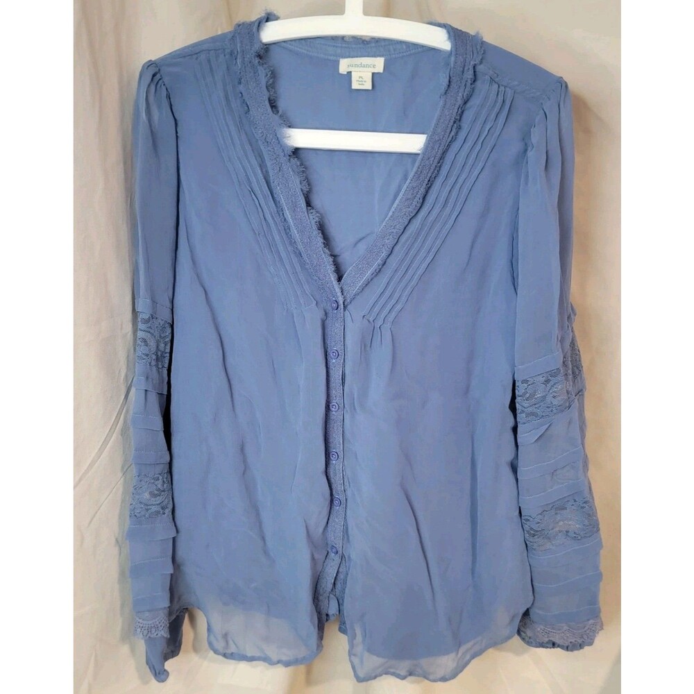 Sundance Womens Petite Large Blue Blouse Long Sleeve V-Neck Lace Cupro & Viscose